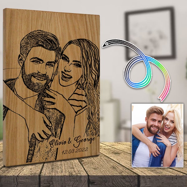 Personalised Drawn Portrait and Burned on Wood, Custom Engraved Photo, Memorial Photo with Wood Art, Anniversary Gift, Birthday Gift