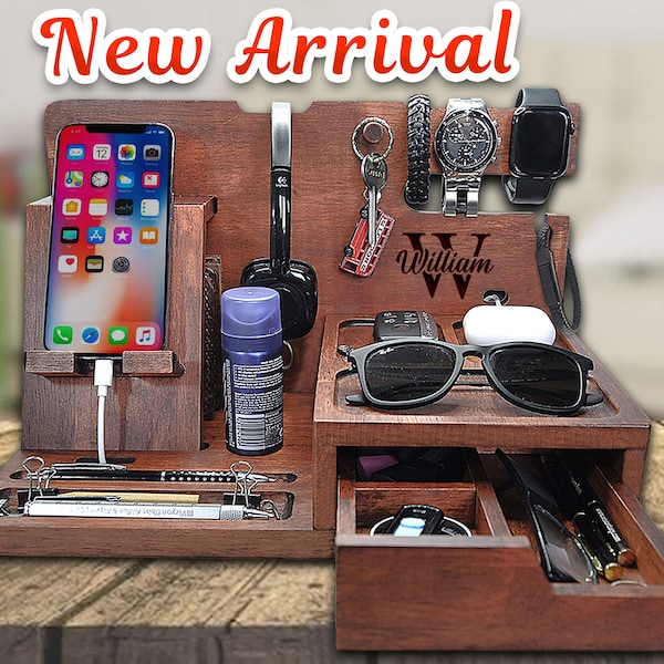 Personalised Wood Phone Docking Station Nightstand Organiser Anniversary Gift for Him Dad Birthday Gift Men Birthday Gift Stand With Drawer