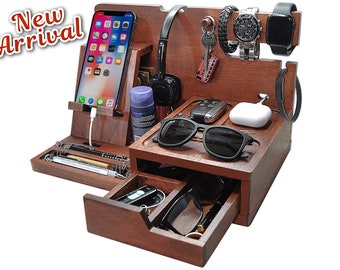 Gift for Men Wood Phone Docking Station Men Gift Nightstand Organiser Dad Birthday Gift Fathers Gift Anniversary Gift Desk Stand With Drawer