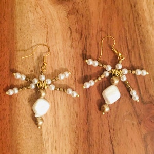 White Golden Beaded Dragonfly Earrings with Pearls