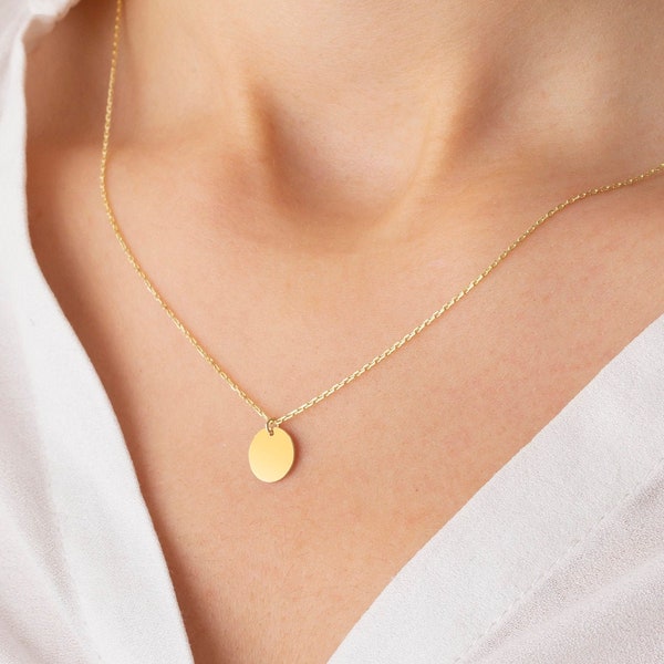 Dainty 14k Solid Gold Disc Necklace, 14k Coin Necklace, Personalized Gold Disc Pendant For Necklace, Christmas Gift