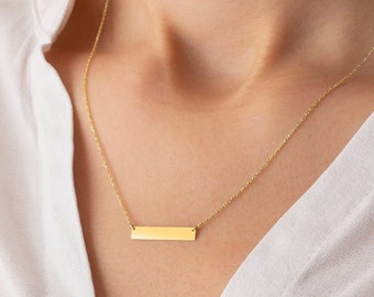 14K Solid Gold Bar Necklace, Personalized Bar Necklace , Custom Name Bar Necklace 14k Solid Gold Engravable Horizontal Bar Necklace