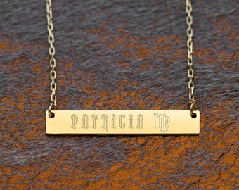 Name and Zodiac Sign Bar Necklace/ Custom Solid 14k Gold Bar Choker/ Roman Numerals/ Coordinate Gold Bar/ Christmas Gift/ Layering Gold Bar