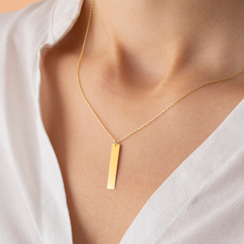 14k Solid Gold Custom Name Vertical Bar Necklace Elegant Etsy