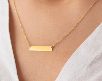 14K Solid Gold Bar Name Necklace, Personalized Gold Necklace, White Rose Yellow Bar Choker, Custom Jewelry