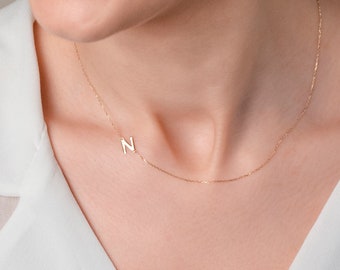 14k solid Gold Initial Necklace, Sideways Initial Necklace , Personalized Jewelry ,Letter Necklace , Personalized Gifts , Black Friday Sale