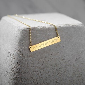 Coordinate Necklace, 14K Solid Gold Bar Necklace, Gold Bar Necklace, Personalized Bar Necklace, Name Bar Necklace, Mother's Day Gift image 2