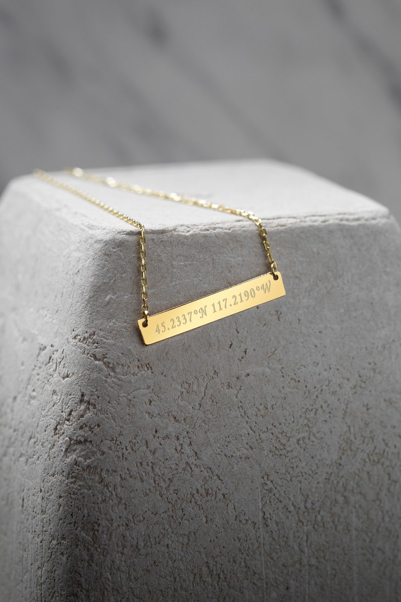 Coordinate Necklace, 14K Solid Gold Bar Necklace, Gold Bar Necklace, Personalized Bar Necklace, Name Bar Necklace, Mother's Day Gift image 2