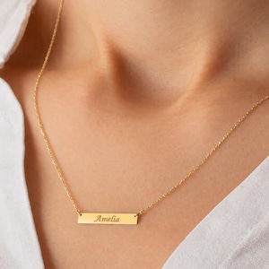 14K Solid Gold Bar Necklace: Personalized Engraved Name