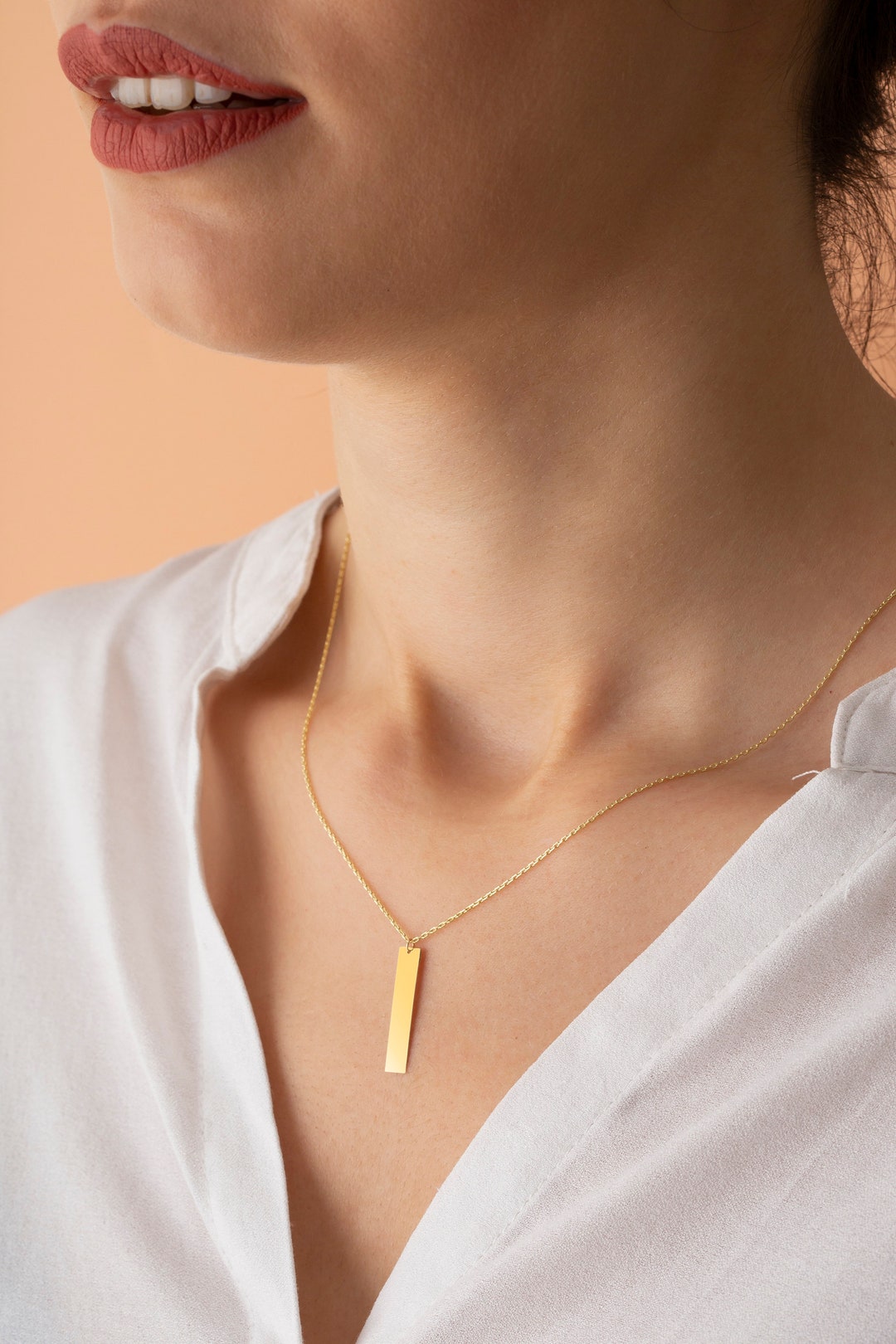 14K Solid Gold Vertical Bar Necklace, Gold Bar Necklace, Personalized