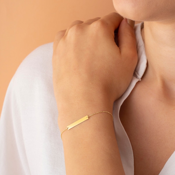 14K Solid Gold Bar Bracelet: Personalized Name Initial Bracelet