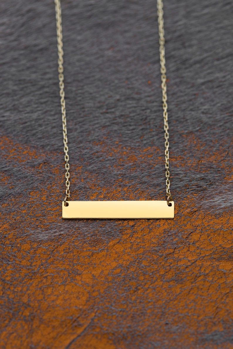 14K Solid Gold Bar Necklace, Personalized Bar Necklace , Custom Name Bar Necklace 14k Solid Gold Engravable Horizontal Bar Necklace image 2