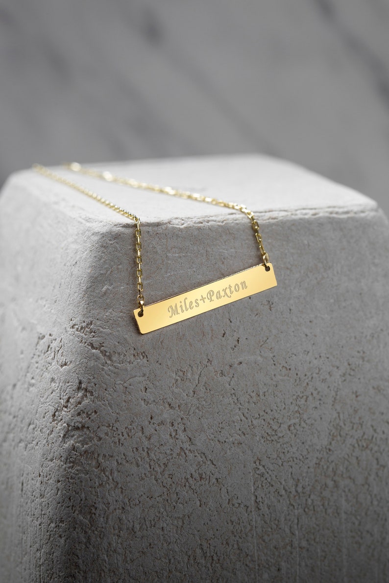 14K Solid Gold Bar Necklace, Personalized Bar Necklace , Custom Name Bar Necklace 14k Solid Gold Engravable Horizontal Bar Necklace image 5