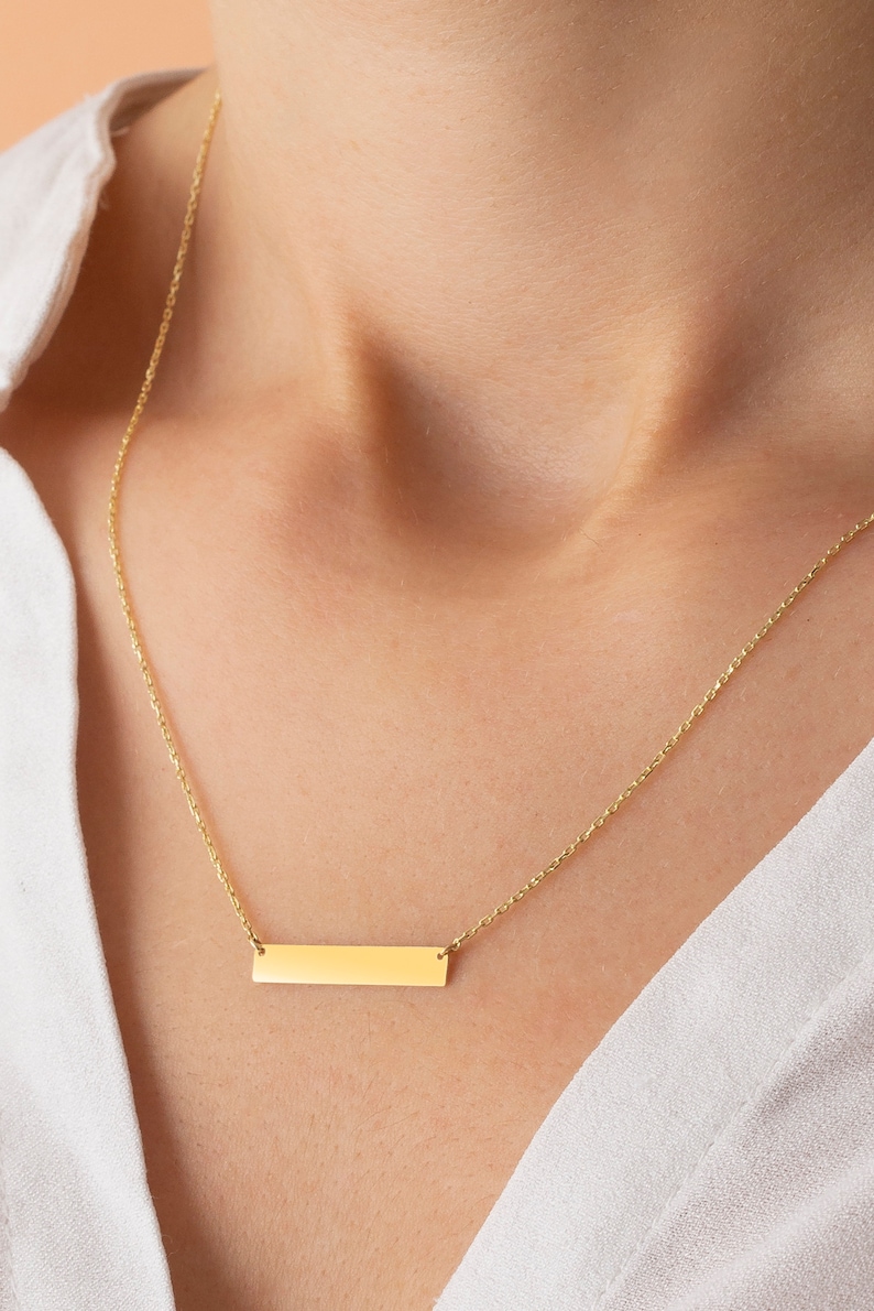 14K Solid Gold Bar Necklace, Personalized Bar Necklace , Custom Name Bar Necklace 14k Solid Gold Engravable Horizontal Bar Necklace image 7