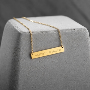 14K Solid Gold Bar Necklace: Personalized Coordinate Necklace