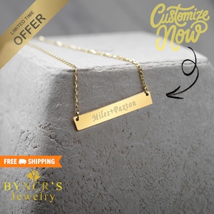 Personalized Gold Bar Necklace, Custom Engraved Nameplate Jewelry, Dainty 14K Gold Plated Necklace, Christmas Gift for Her