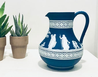 Wedgwood Cobalt Blue Jasperware Pitcher Etruscan Cherub Vintage Blue Pitcher Made In England