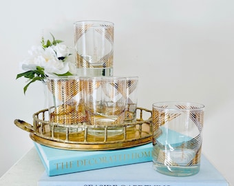 Set of 6 Georges Briard Double Old Fashioned Glasses Gold Lattice Diamond Stripe Vintage