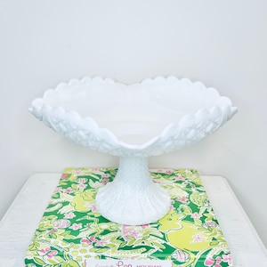 Vintage Fenton Daisy And Button White Milk Glass Square Pedestal Compote Fruit Bowl