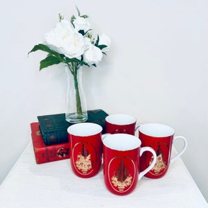 Vintage Otagiri Christmas Tree Mugs Cups Set Of 4 Japan Red & Gold Gibson Greetings