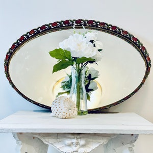Vintage Oval Brass Gold Filigree Mirror Vanity Tray Pink Floral Perfume Ornate Hollywood Regency