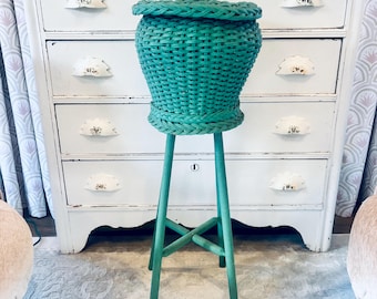 Vintage Wicker Green Rattan Plant Stand Side Accent Table Turned Legs Boho 32”