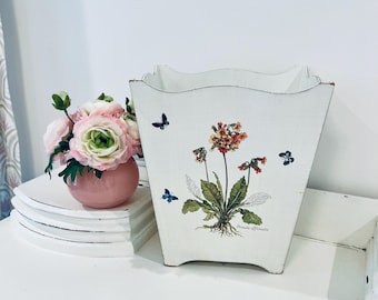 Vintage VIETRI Made in Italy 12in Wood Waste Basket Trash Can Basket Butterfly Floral