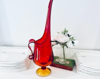 Vintage LE Smith 19" Red Amberina Swung Glass Pitcher Ewer Vase MCM Glows
