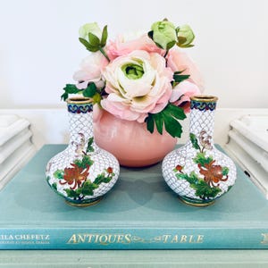 Vintage Chinese Cloisonne White w/ Floral Brass Enamel Pair Small Vase 4&quot; Set Of 2