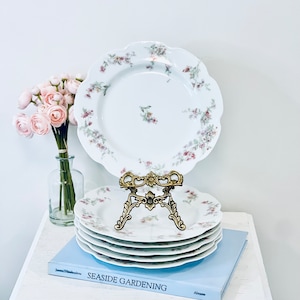 Limoges France Dinner Plates Schrader China Shabby Chic Pink Green Floral Vintage Set of 6