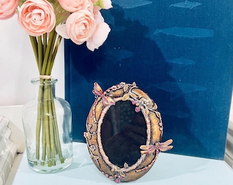 Miniature Enamel Metal Picture Frame Flowers Dragonflies Rhinestone Ornate Oval Vintage