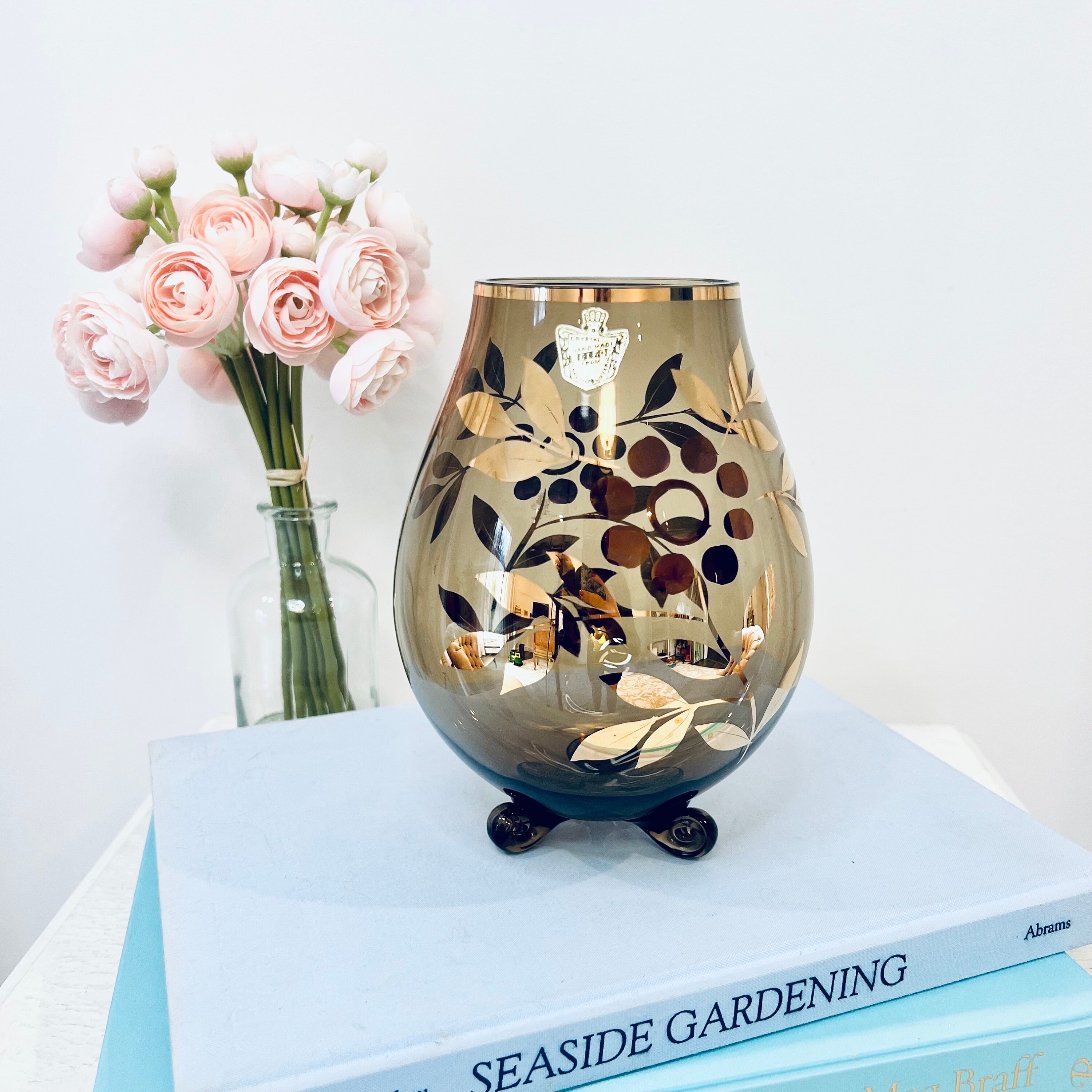 ヴィンテージチェコボヘミアングラスアンバーエッチング＆ゴールド