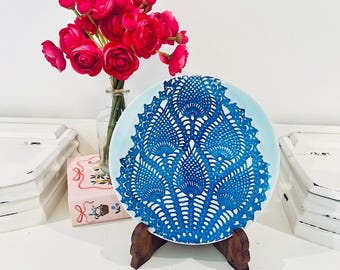 Vintage Edgecomb Potters Maine Cobalt Blue Lace 8” Round Tile Trivet Hot Plate