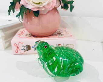 Vintage Murano Italian Art Glass Green Frog Latticino Ribbons Cane Eyes Paperweight