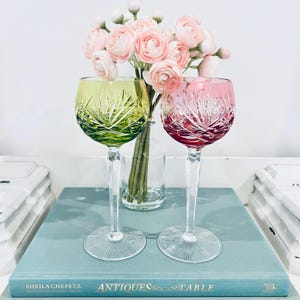 Vintage Bohemian Czech Crystal Wine Glasses Cut to Clear Green Pink 7.75” Set Of 2