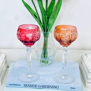 Vintage Nachtmann Traube Crystal Amber Red Cranberry Cut to Clear 8.25” Hock Wine Glass Bohemian Set of 2