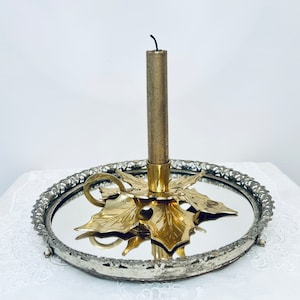 Vintage Solid Brass Holly Leaf Candle Stick Holder Ring Handle Mid Century MCM