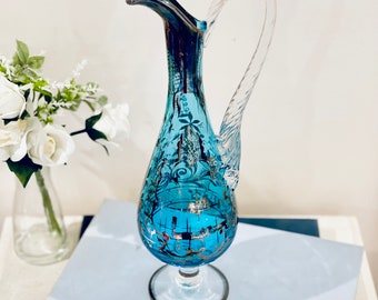 Antiker venezianischer blauer Kristallglas-Krug mit 925 Sterlingsilber-Overlay Italien
