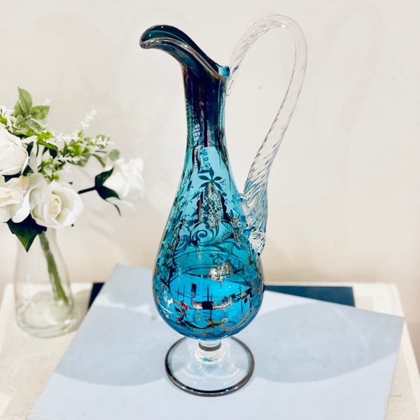 Antique Venetian Blue Crystal Glass Pitcher With 925 Sterling Silver Overlay Italy