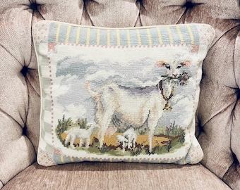 Vintage Beautiful Sheep Lamp Floral Pillow Needlepoint Velvet Back 11x9” Shabby Chic