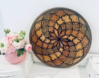 Vintage Le Souk Ceramique Brown Honey Mosaic Platter Pottery Oval 14” Plate Tunisian