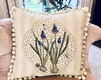 Vintage Needlepoint Floral Pillow Wool Pom Pom Petit Point Green Stripe Hyacinth 18”