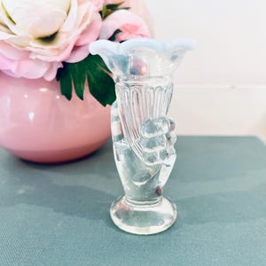 Vintage Fenton Opalescent Miniature Hand Bud Vase Art Glass Scallop Edge