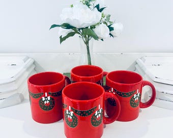 Vintage Waechtersbach W Germany Red Ceramic Christmas Mug Set 4 Wreath Garland