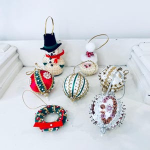 Vintage Satin Sequin Beaded Push Pin Christmas Ornaments Santa Snowman Red Lot Of 7