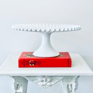 Vintage Fenton Milk Glass Hobnail Cake Stand Ruffled Edge Centerpiece Pedestal 13”