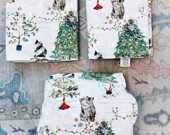 Pottery Barn Organic Cotton Sheet Set Festive Cats California King Christmas NEW
