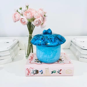 May include: A blue ceramic jar with a lid shaped like a mushroom. The lid has a small blue bow on top. The jar is sitting on a pink book with the title "Emma" on the cover.
