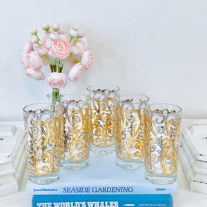 Vintage Culver Iberia Baroque Scroll Tumblers 22K Gold Mid Century 5.5” Set Of 5 MCM