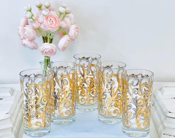 Vintage Culver Iberia Baroque Scroll Tumblers 22K Gold Mid Century 5.5” Set Of 5 MCM